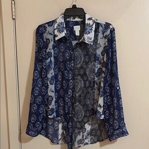Chico's Blue and White Notched Collar Button Down Shirt